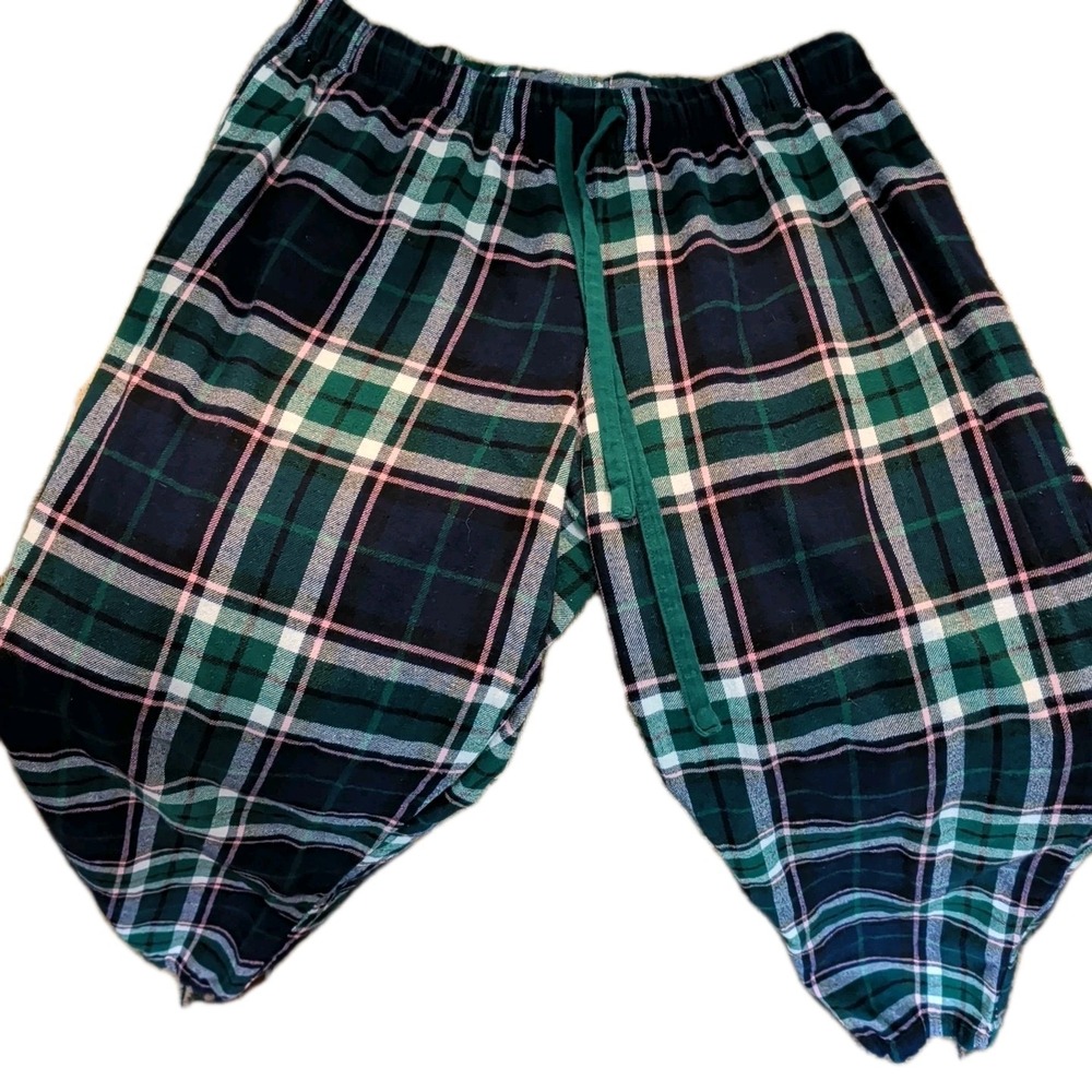 Liz Claiborne Women's Pants Drawstring Green Navy Pink Plaid Flannel Size L